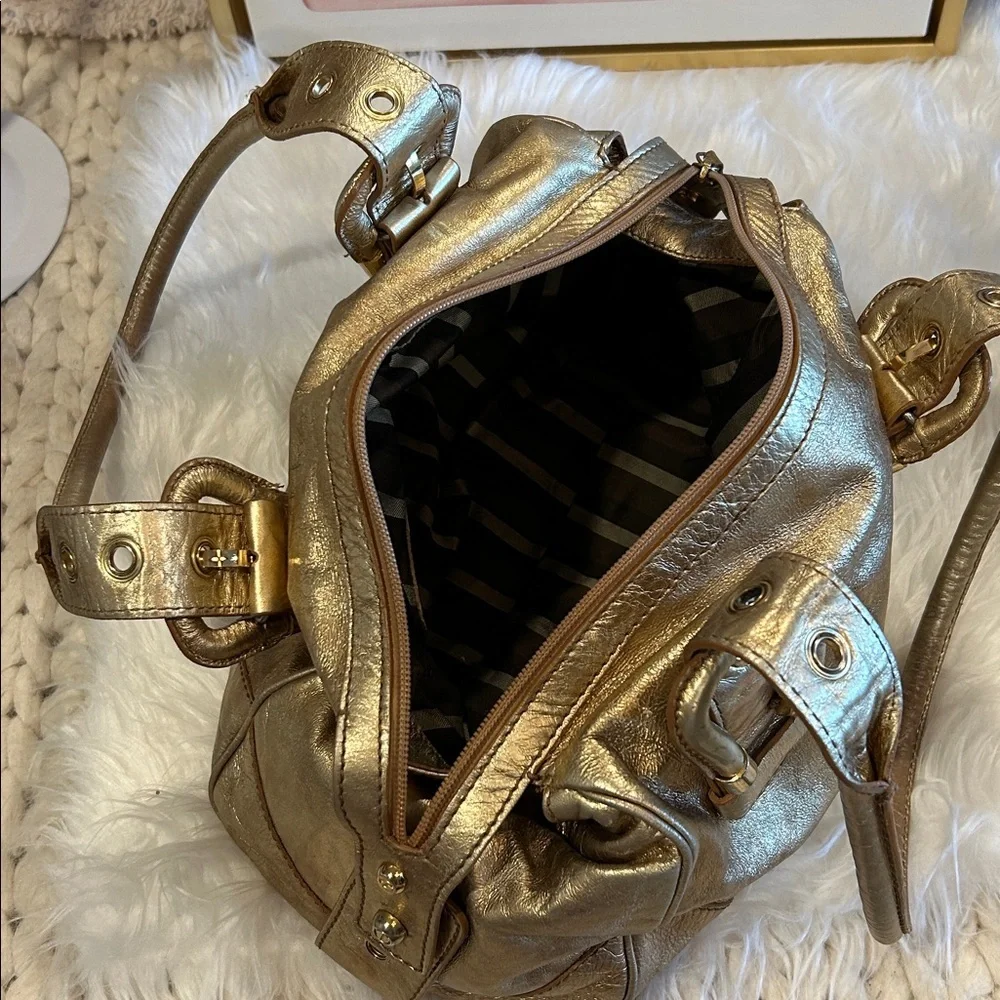 Francesco Biasia Gold Metallic Leather Satchel Shoulder Bag Structured handbag
